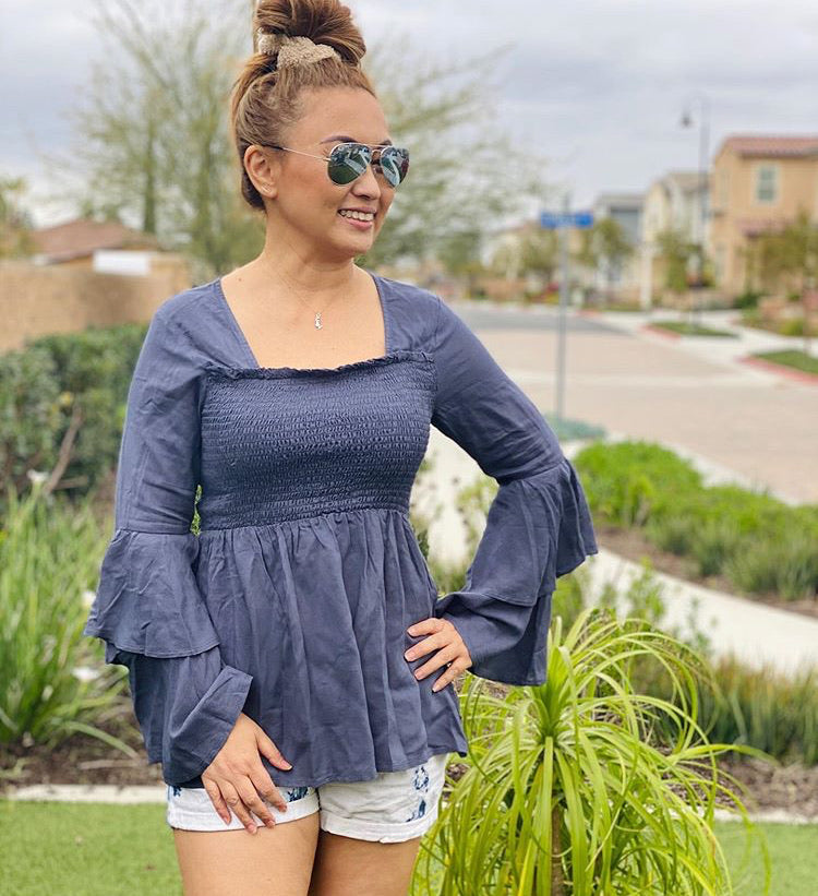 Jasmine - Charcoal Smocked Ruffle Sleeve Top