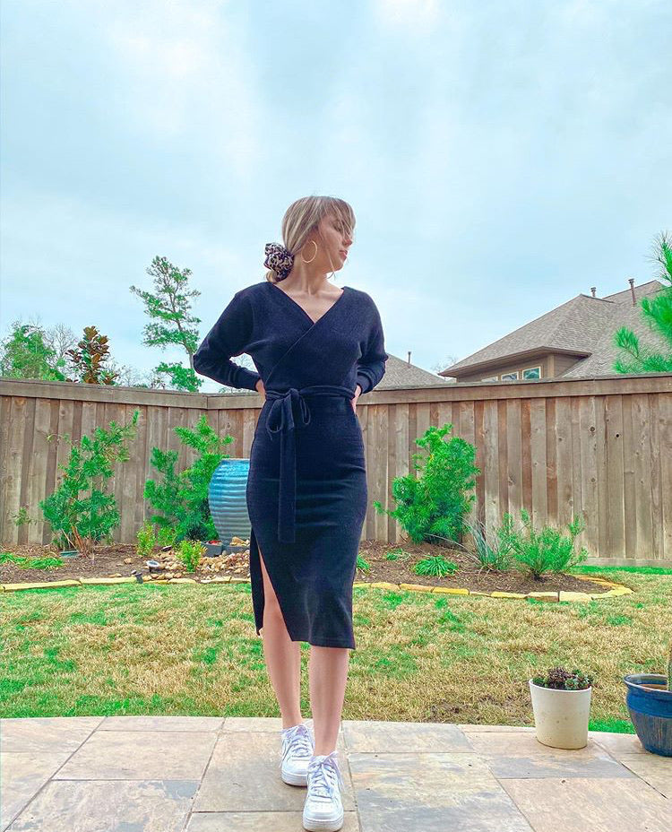 Sonia - Black Surplice Sweater Maxi Dress