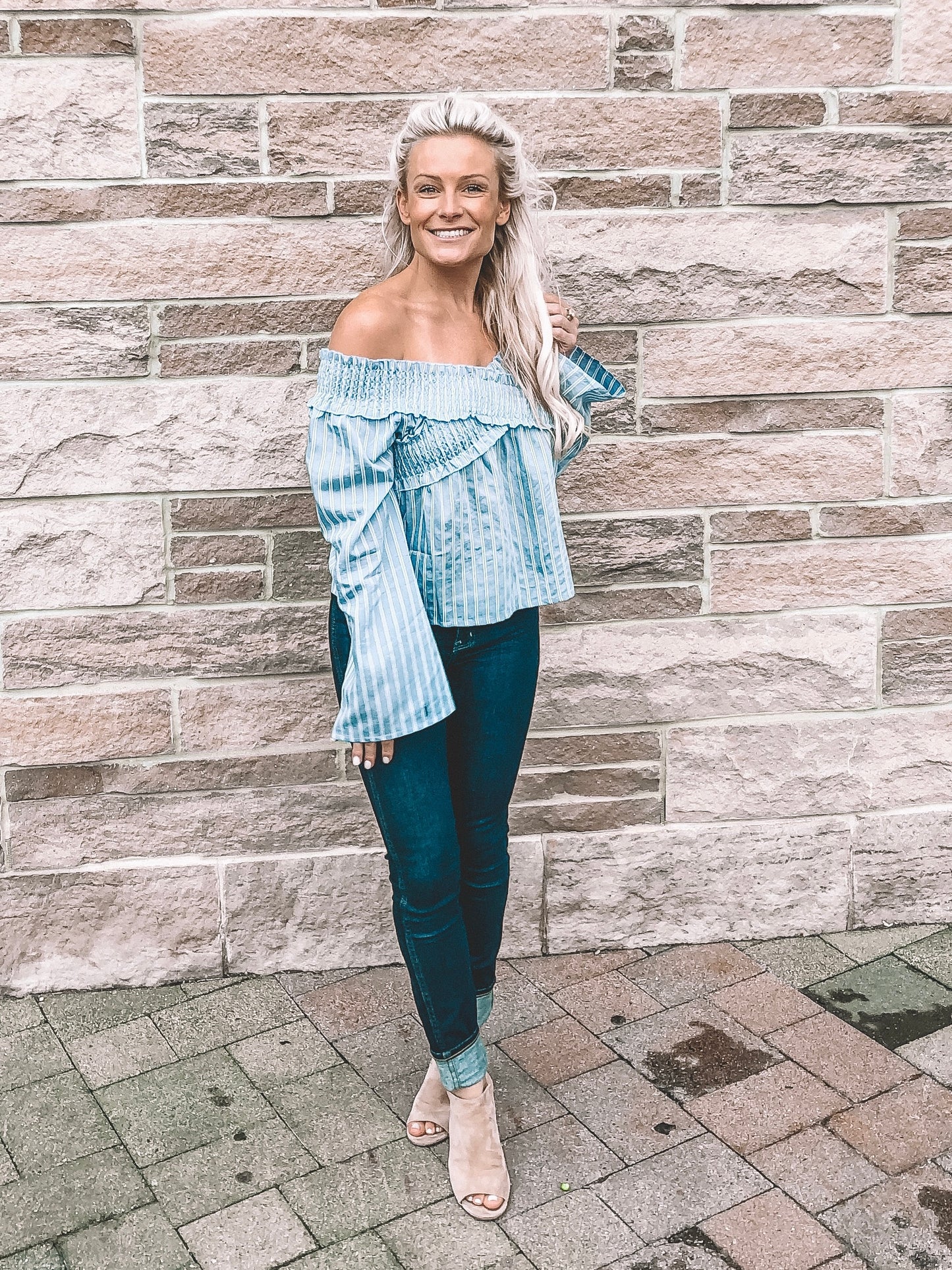 Natasha - Blue/White Striped Off The Shoulder Top