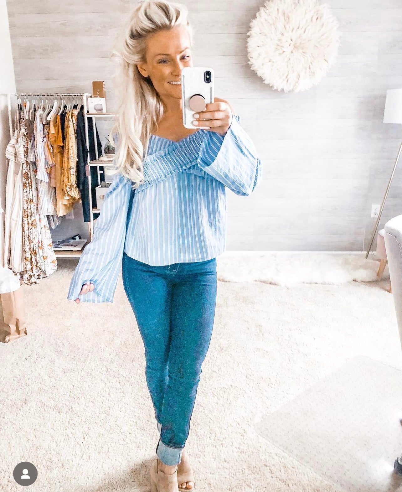 Natasha - Blue/White Striped Off The Shoulder Top